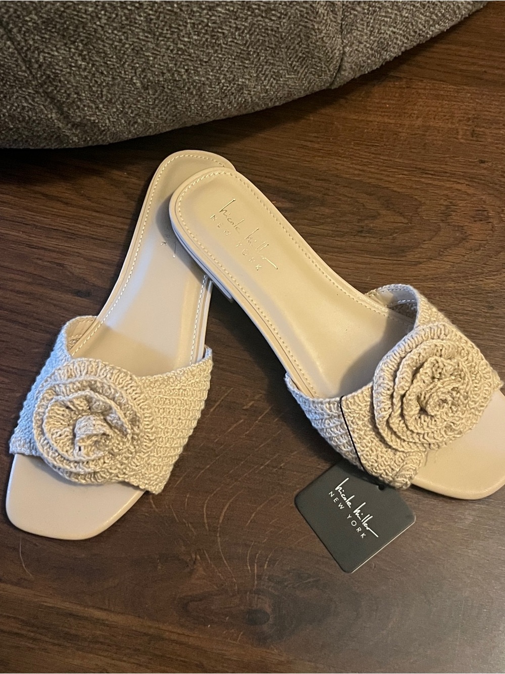 Nicole Miller Cream Crochet Flower Slide Sandals